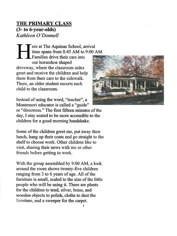 Excerpt — Montessori School: A Typical Day Prepared by Kathleen H. Futrell